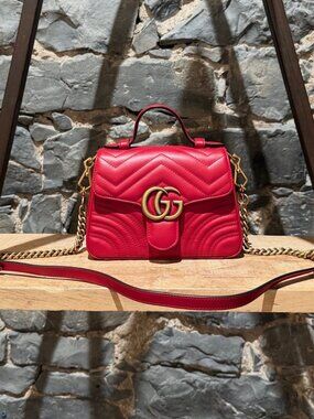 Gucci Red GG Marmont Mini Top Handle Bag With Chain